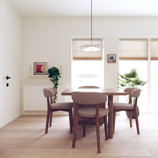 stół minimalizm bambusowe żaluzje cisza i spokój