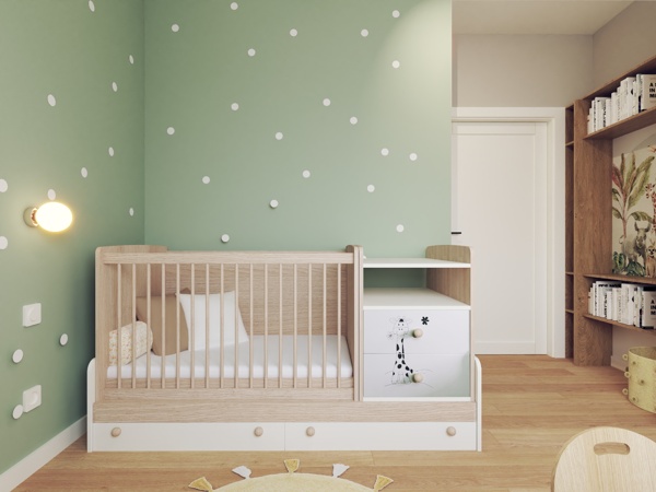 pokój małego dziecka z gwiazdami na ścianie i wiel